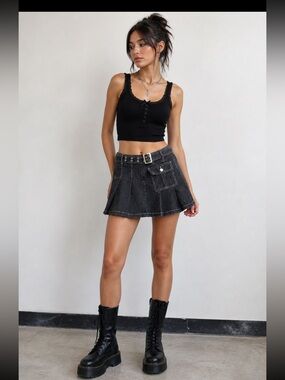 Hot Topic Black Denim Pleated Mini Skirt w/ Grommet Belt & Cargo Pocket XL Y2K